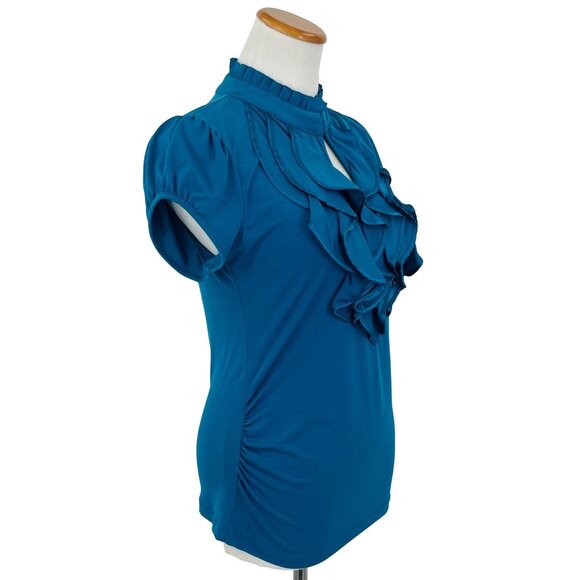 Urban Hearts Unique Teal Ruffled & Keyhole Mock Neck Short Sleeve Blouse - Picture 5 of 14